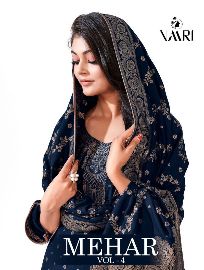 Naari Mehar Vol 4 Muslin Jacquard Fancy Embroidery Designer Salwar Suits