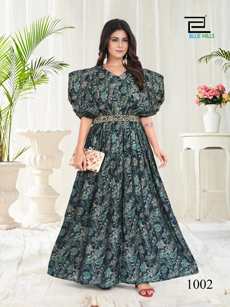 Blue Hills Milk Modal Chanderi Printed Anarkali Designer Gown Collection