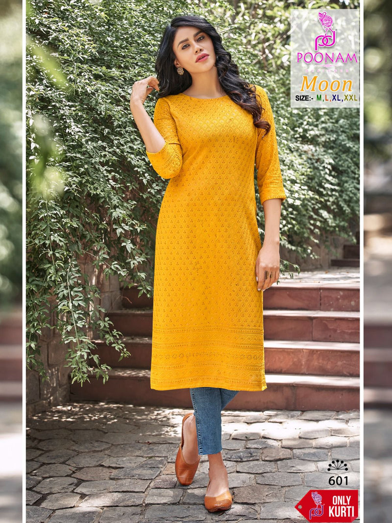 Poonam Designer Moon Rayon Chicken Work Fancy Kurtis