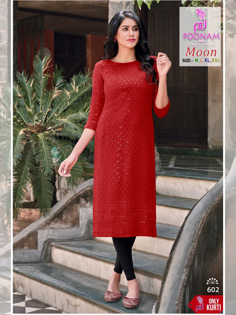 Poonam Designer Moon Rayon Chicken Work Fancy Kurtis