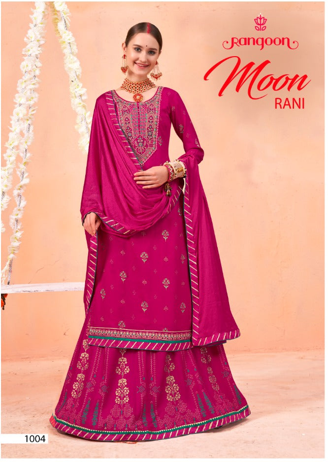 Rangoon Moon Rayon Printed With Embroidery Work Designer Kurti With Skirt