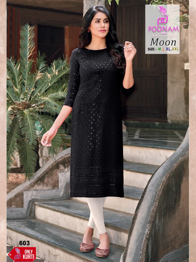 Poonam Designer Moon Rayon Chicken Work Fancy Kurtis