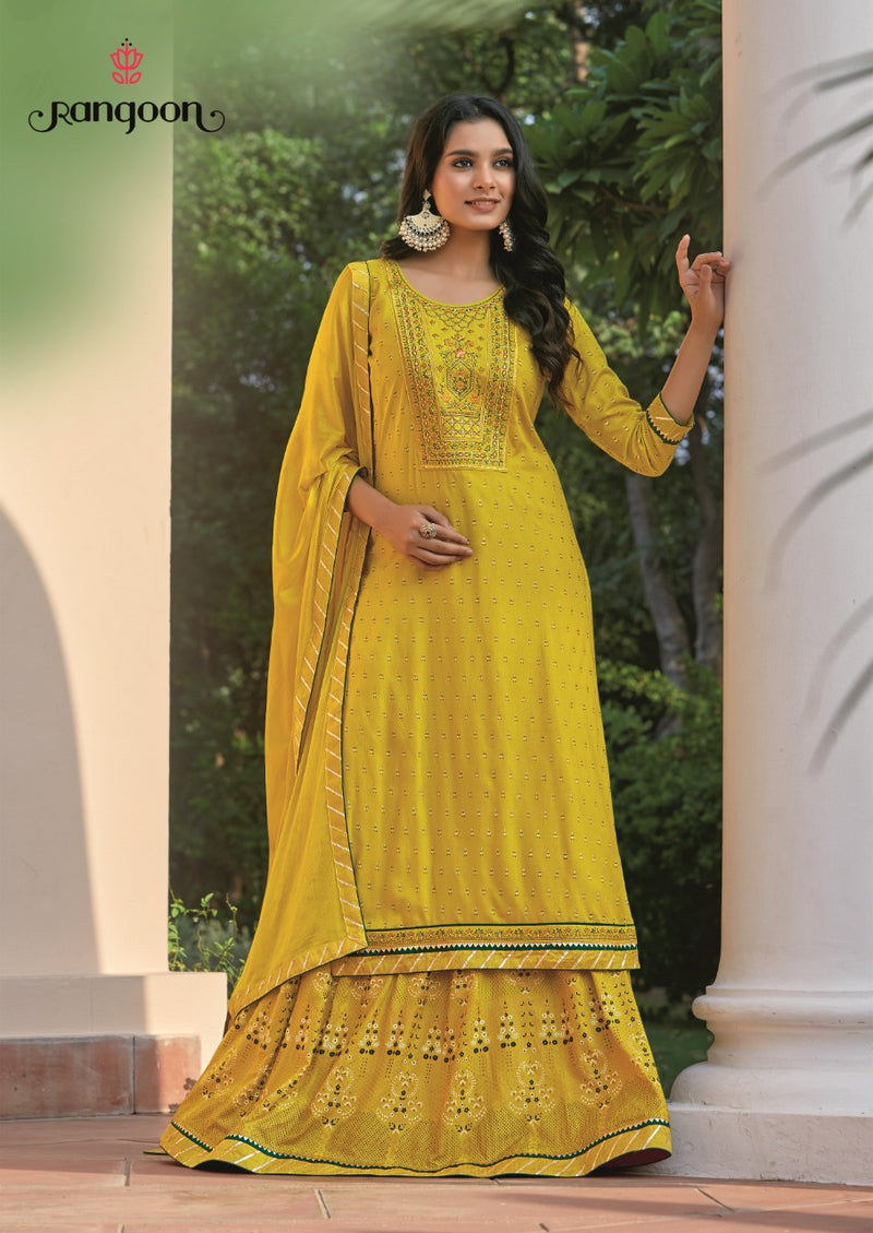 Rangoon Moon Rayon Printed With Embroidery Work Designer Kurti With Skirt