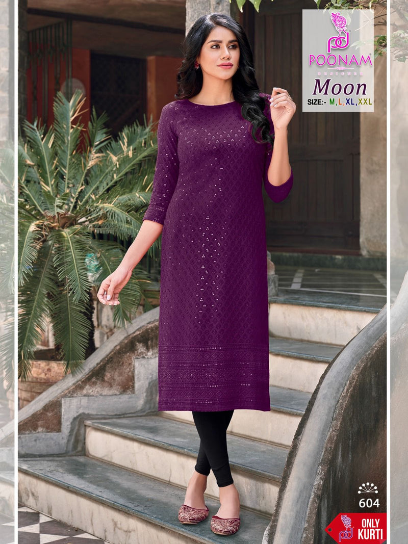 Poonam Designer Moon Rayon Chicken Work Fancy Kurtis