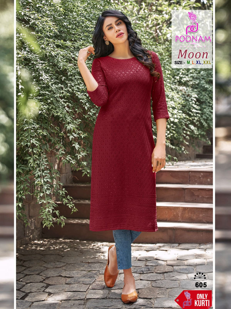 Poonam Designer Moon Rayon Chicken Work Fancy Kurtis