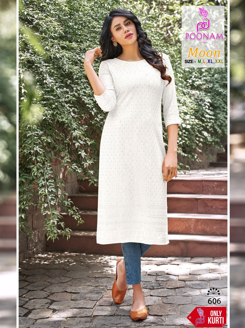 Poonam Designer Moon Rayon Chicken Work Fancy Kurtis