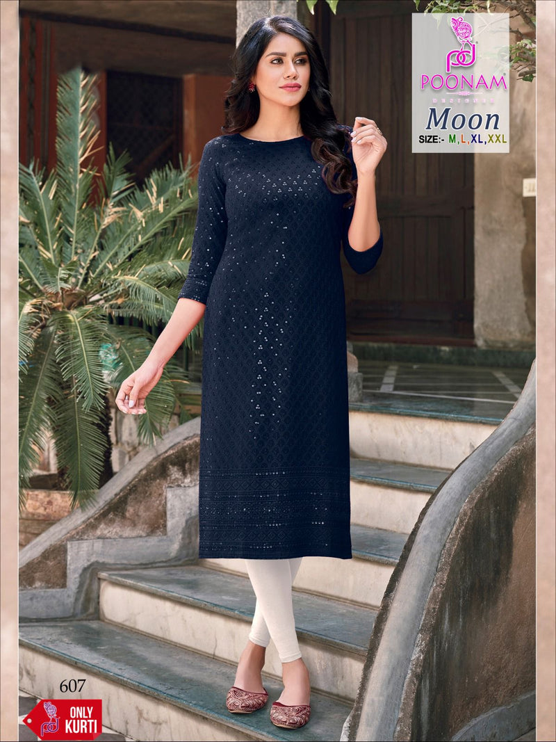 Poonam Designer Moon Rayon Chicken Work Fancy Kurtis