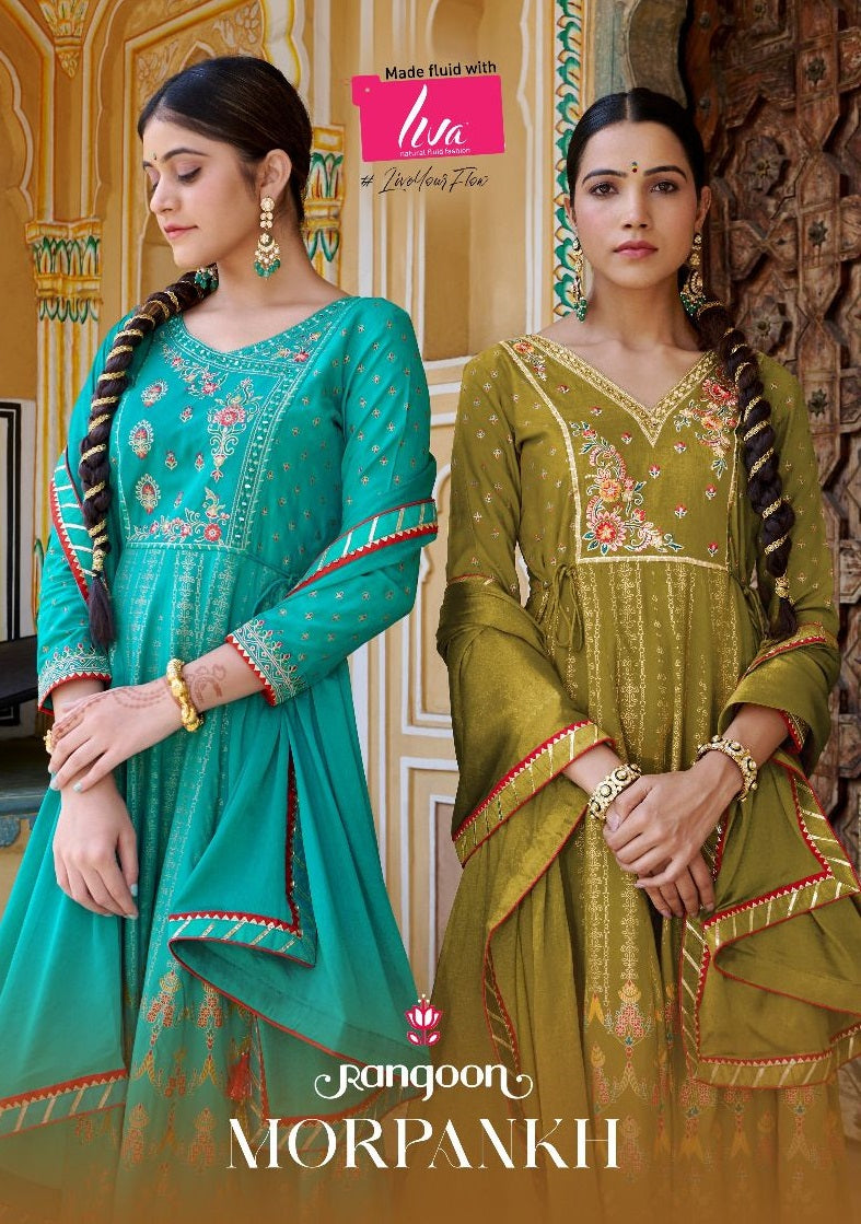 Rangoon Morpankh Rayon Print With Fancy Hand Work Designer Ready Made Suits