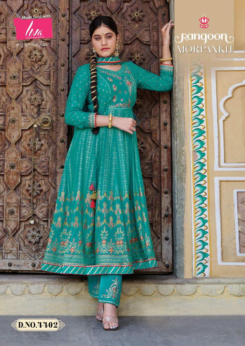 Rangoon Morpankh Rayon Print With Fancy Hand Work Designer Ready Made Suits