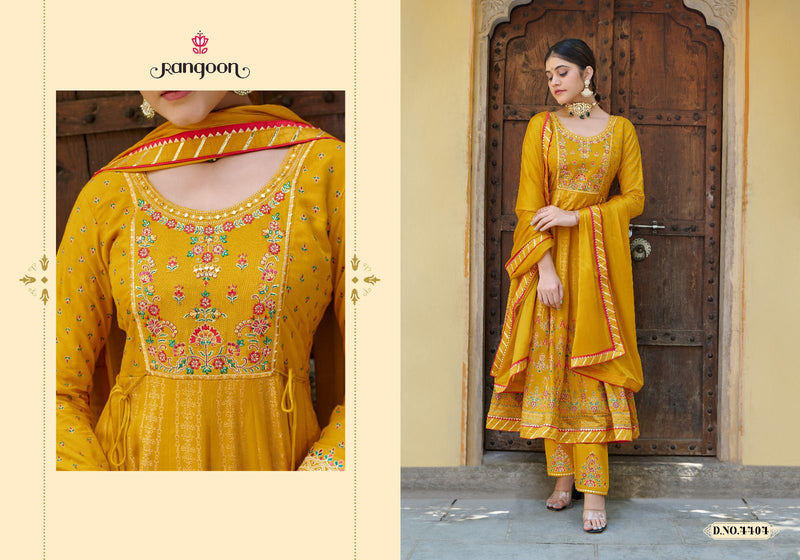 Rangoon Morpankh Rayon Print With Fancy Hand Work Designer Ready Made Suits