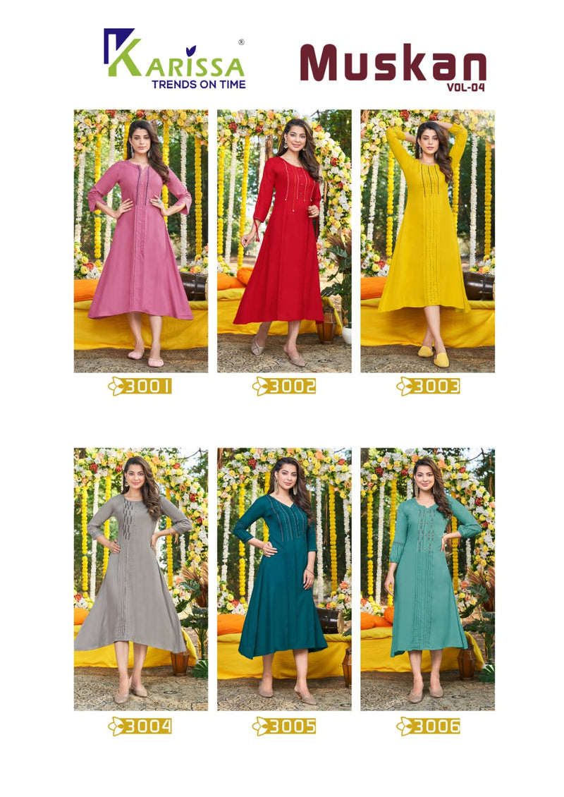 Karissa Muskan Vol 4 Rayon Heavy Embroidery Work Fancy Designer Partywear Kurti