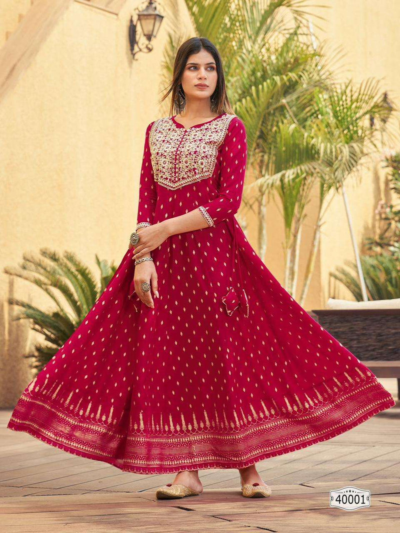 Maa Gurujee Walkway Vol 40 Rayon Foil Print Fancy Long Gowns