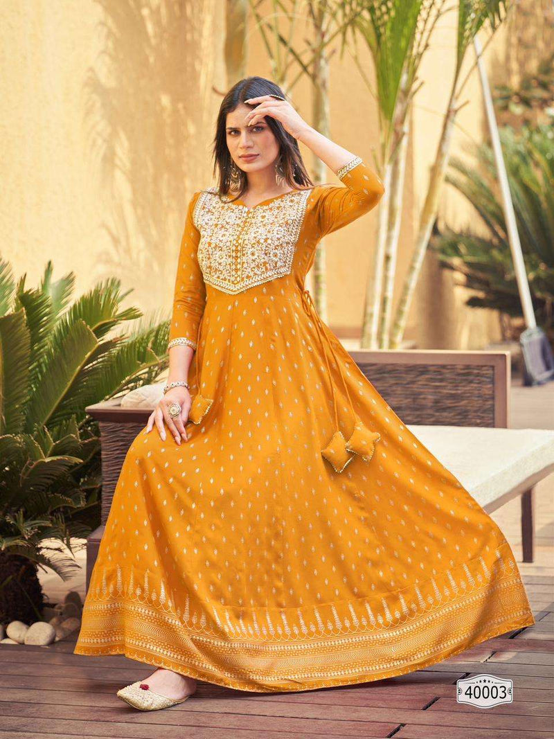 Maa Gurujee Walkway Vol 40 Rayon Foil Print Fancy Long Gowns