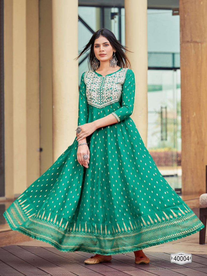 Maa Gurujee Walkway Vol 40 Rayon Foil Print Fancy Long Gowns