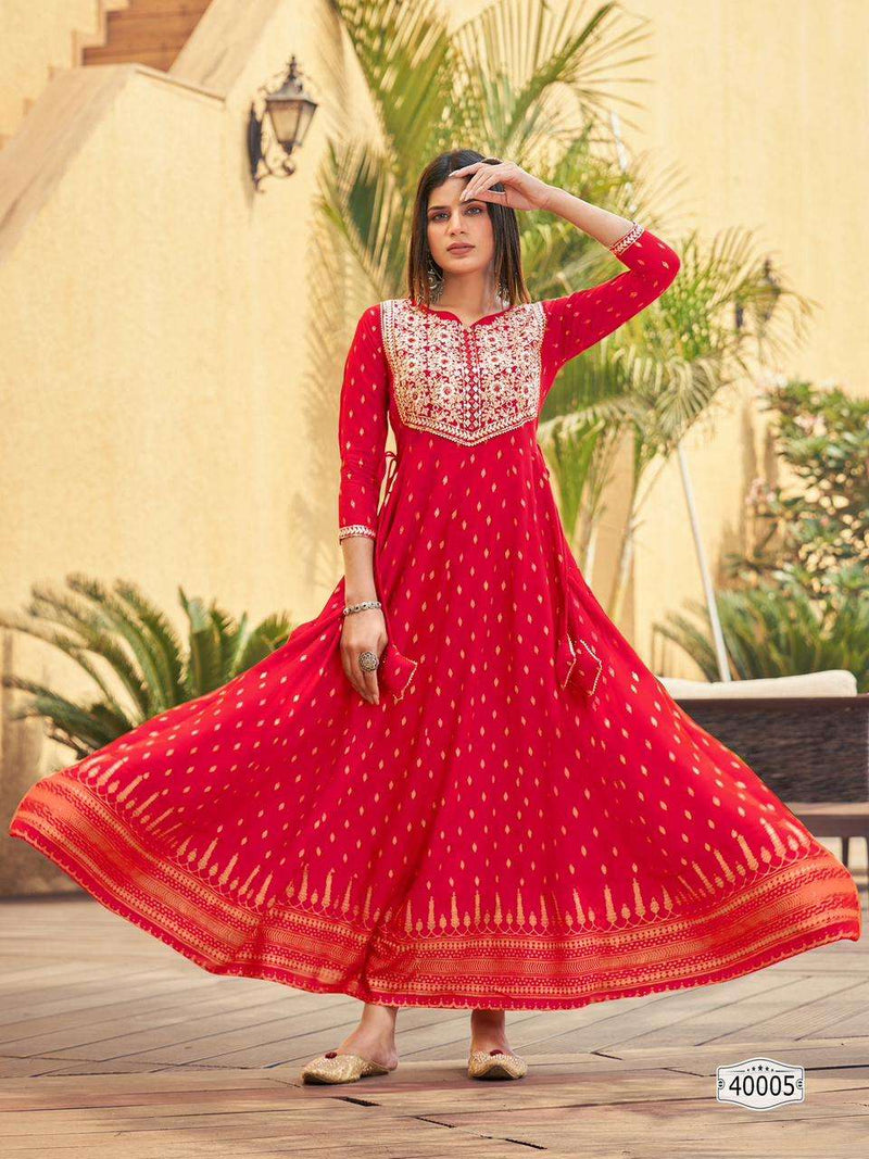 Maa Gurujee Walkway Vol 40 Rayon Foil Print Fancy Long Gowns