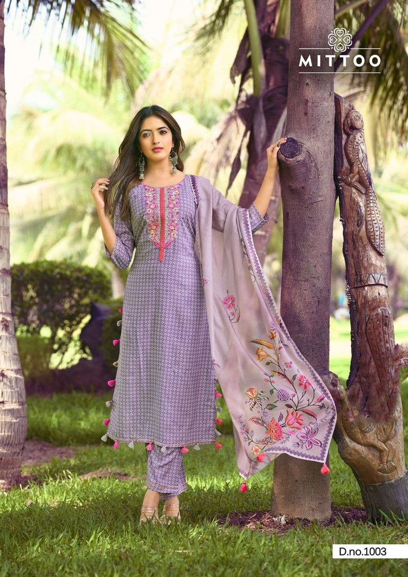 Mittoo Innaya Rayon Print Fancy Handwork Designer Wear Kurti Collection