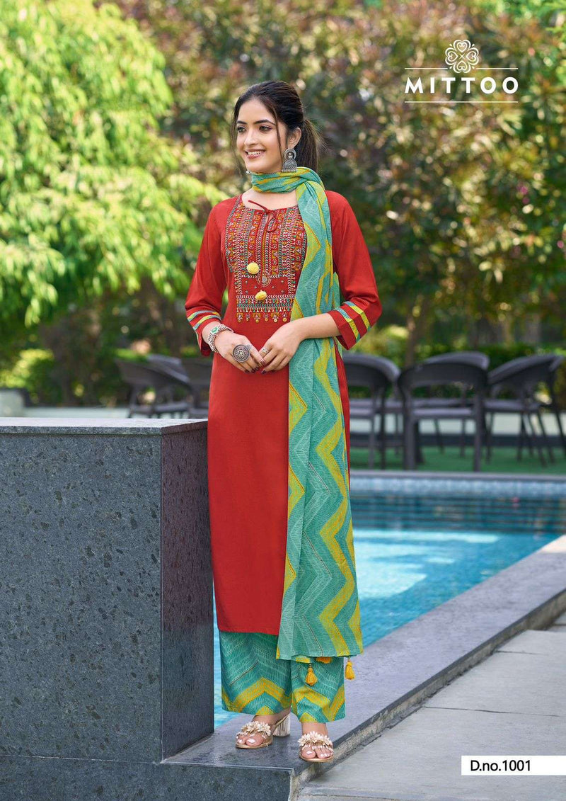 Mittoo Samreen Rayon Digital Printrd Heavy Designer Thread Handwork Combo Set Of Kurti