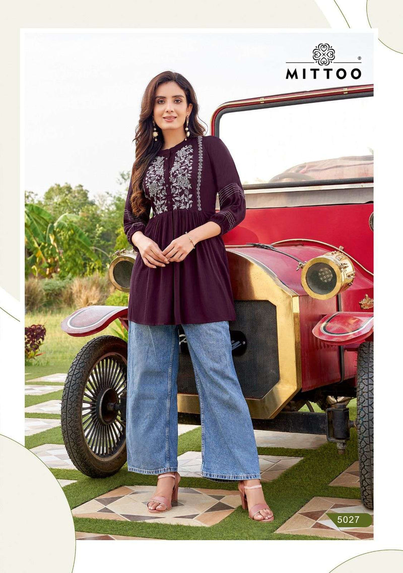 Mittoo Victoria Vol 5 Rayon Embroidery And Handwork Western Wear Short Kurti