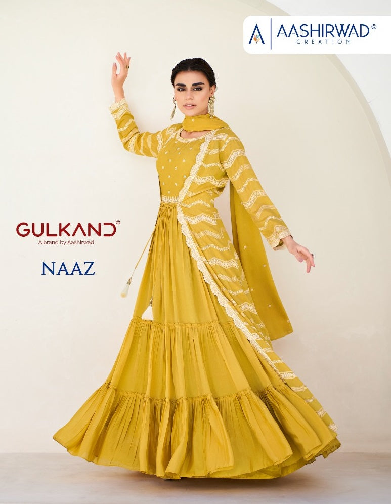 Aashirwad Creation Naaz Chinon Silk Heavy Embroidery Designer Suit Collection