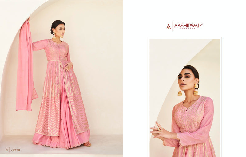 Aashirwad Creation Naaz Chinon Silk Heavy Embroidery Designer Suit Collection