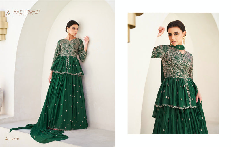 Aashirwad Creation Naaz Chinon Silk Heavy Embroidery Designer Suit Collection