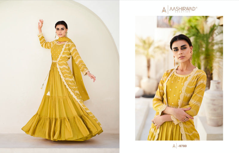 Aashirwad Creation Naaz Chinon Silk Heavy Embroidery Designer Suit Collection