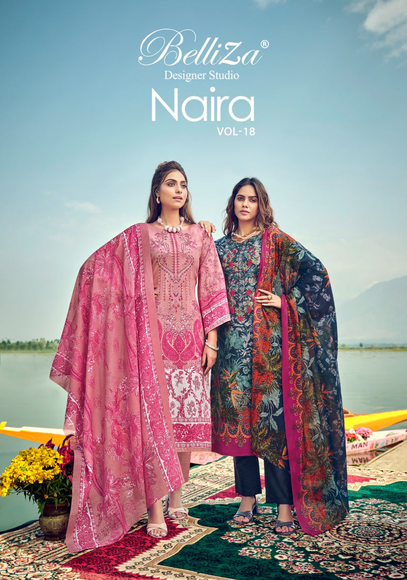 Belliza Designer Studio Naira Vol 18 Cotton Digital Printed Self Embroidery Work Suit Collection