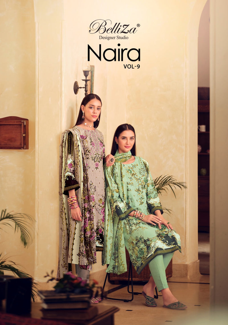 Belliza Designer Studio Naira Vol 9 Cotton Digital Prints With Fancy Embroidery Work Suits