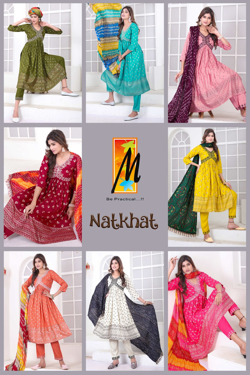 Master Natkhat Rayon Prints Fancy Alia Cut Pattern Kurti With Bottom & Dupatta