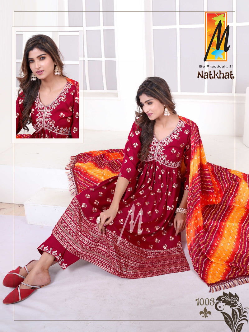 Master Natkhat Rayon Prints Fancy Alia Cut Pattern Kurti With Bottom & Dupatta