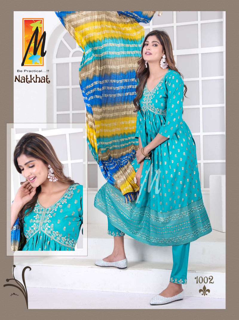 Master Natkhat Rayon Prints Fancy Alia Cut Pattern Kurti With Bottom & Dupatta