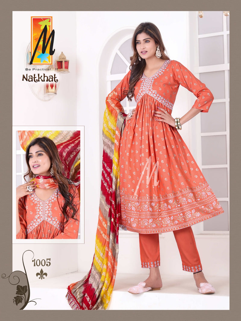 Master Natkhat Rayon Prints Fancy Alia Cut Pattern Kurti With Bottom & Dupatta