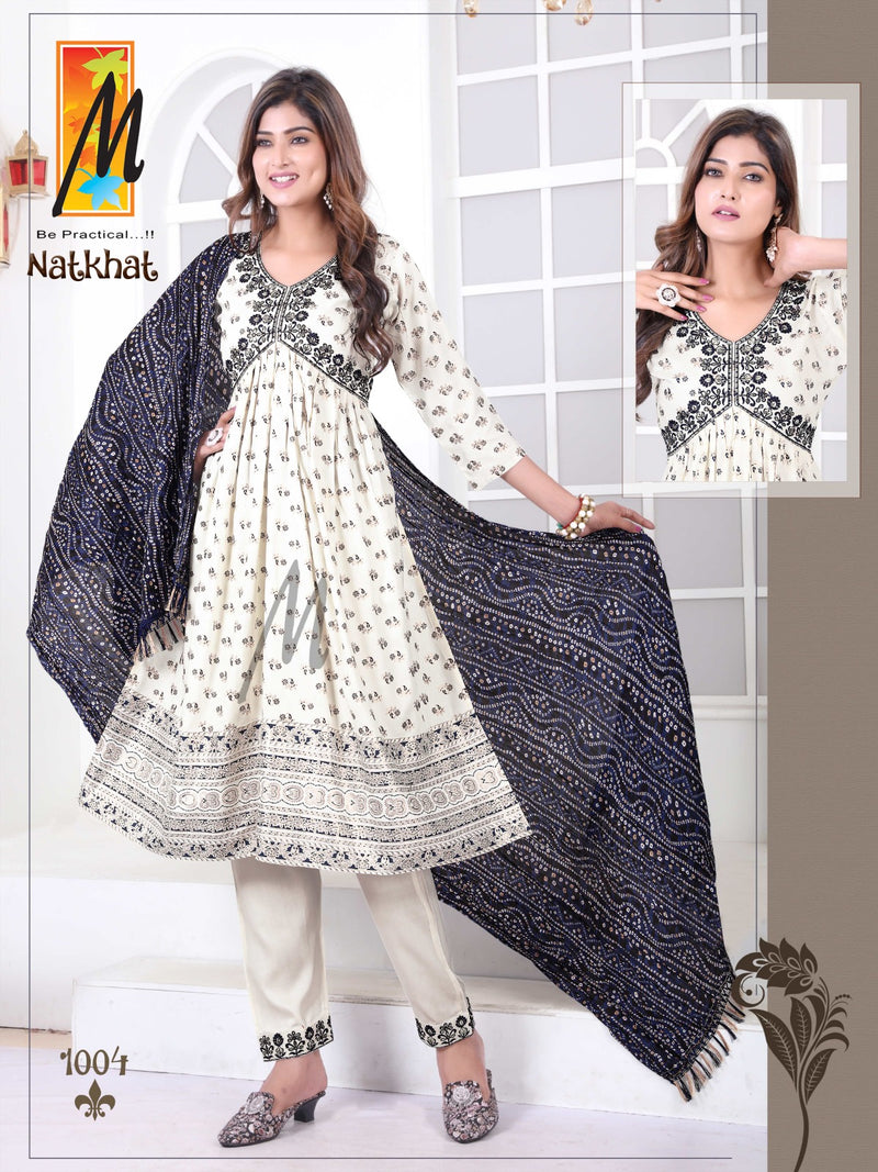 Master Natkhat Rayon Prints Fancy Alia Cut Pattern Kurti With Bottom & Dupatta