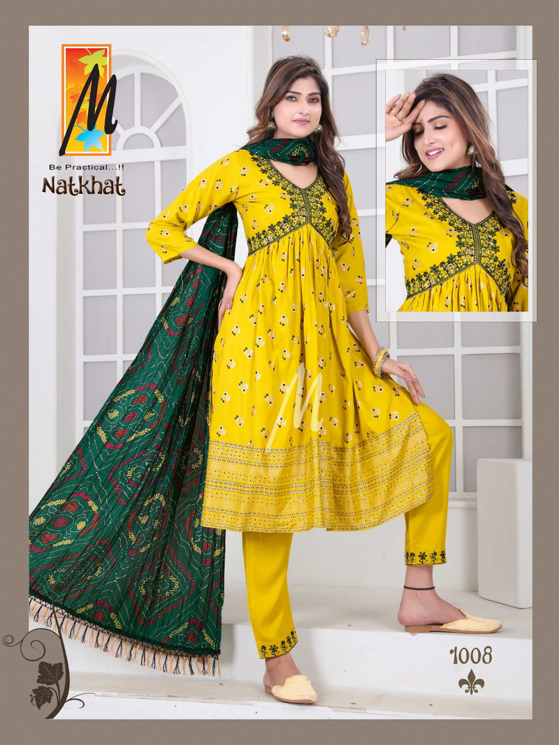 Master Natkhat Rayon Prints Fancy Alia Cut Pattern Kurti With Bottom & Dupatta