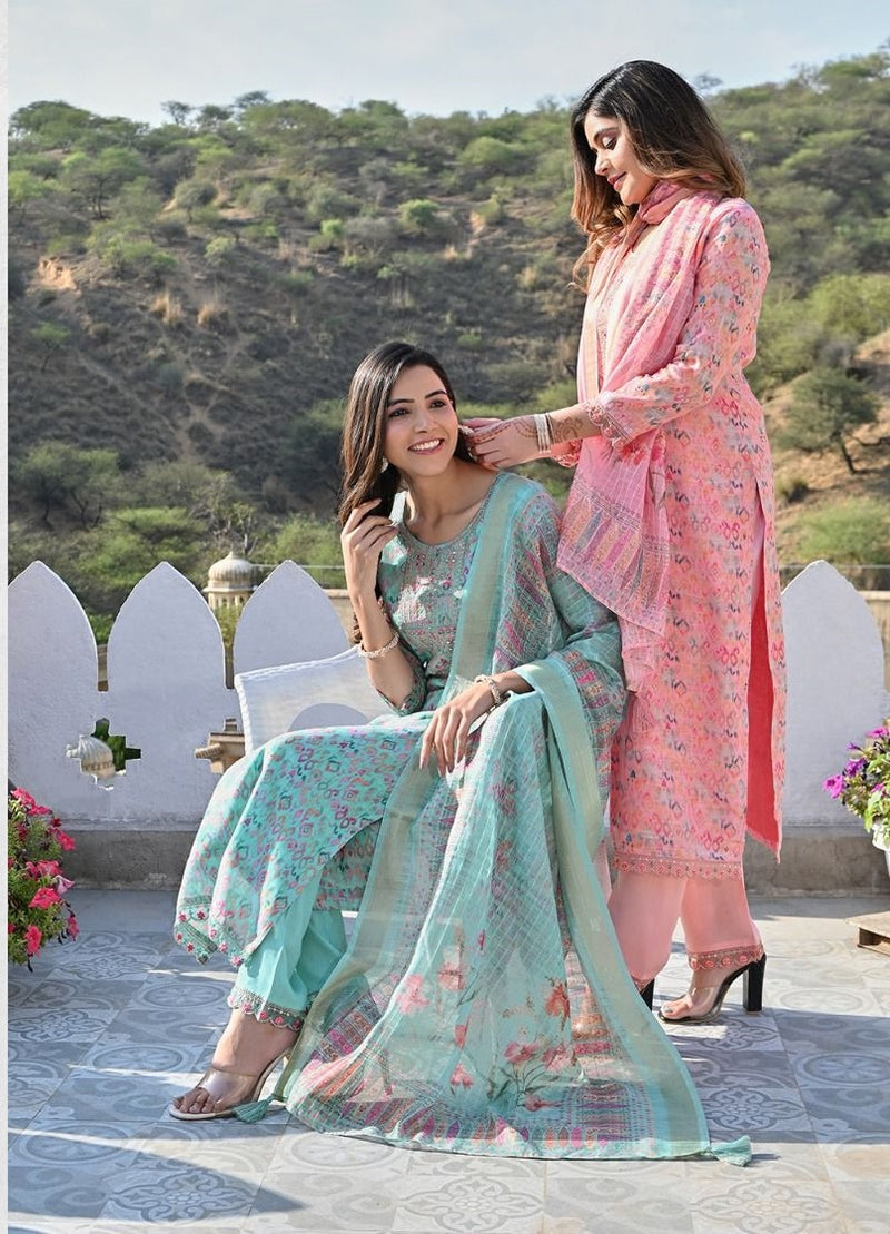 Rangoon Naveli Linen Pure Digital Embroidery Nack Khatli Handwork Mirror Fancy Kurti