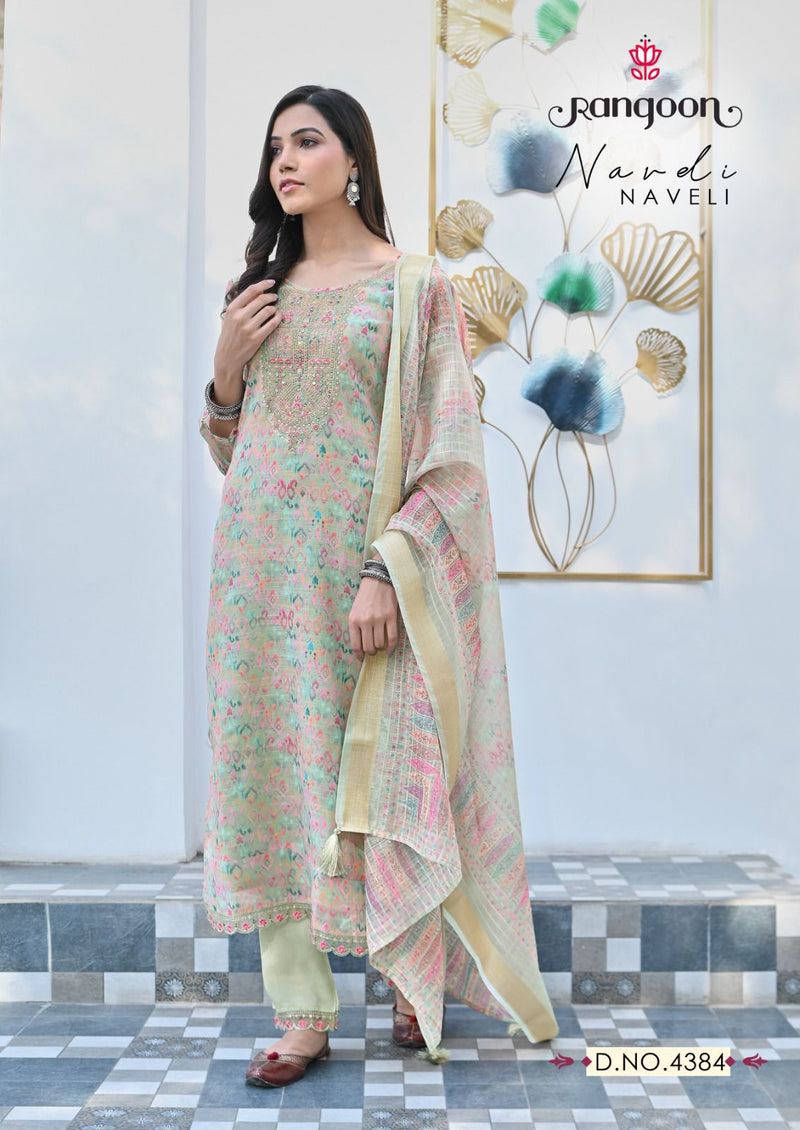 Rangoon Naveli Linen Pure Digital Embroidery Nack Khatli Handwork Mirror Fancy Kurti