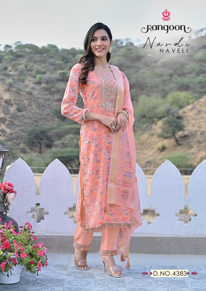 Rangoon Naveli Linen Pure Digital Embroidery Nack Khatli Handwork Mirror Fancy Kurti