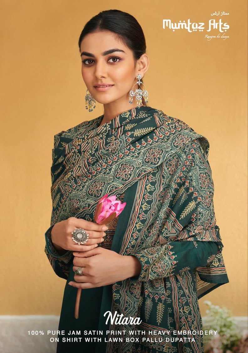 Mumtaz Arts Nitara Jam Satin Print With Embroidery Work Salwar Suits