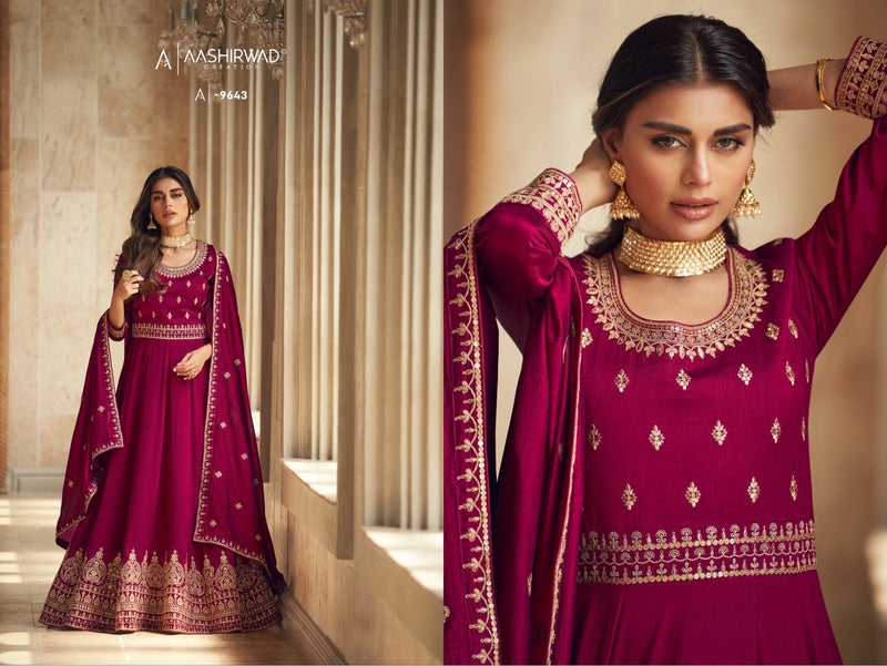 Aashirwad Creation Noorjaha Silk Heavy Embroidery Designer Long Gown Suits