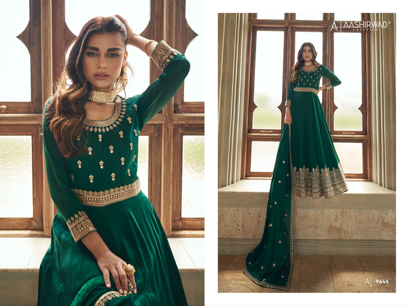 Aashirwad Creation Noorjaha Silk Heavy Embroidery Designer Long Gown Suits