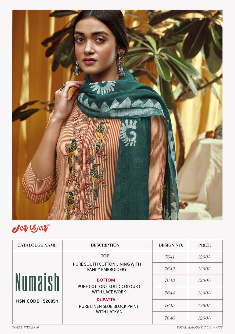 Jay Vijay Numaish Cotton Lining With Fancy Embroidery Work Suits