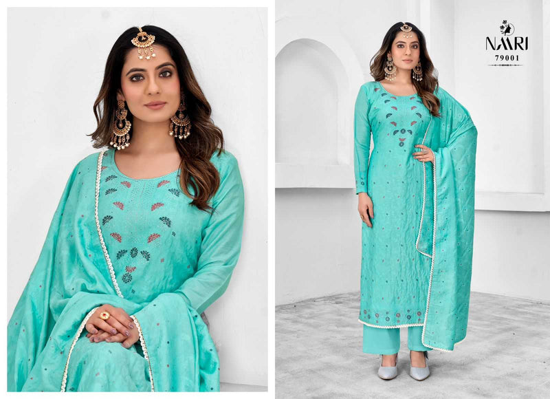 Naari Elvin Pure Muslin Dola Jacquard Siroski Work Fancy Salwar Suit