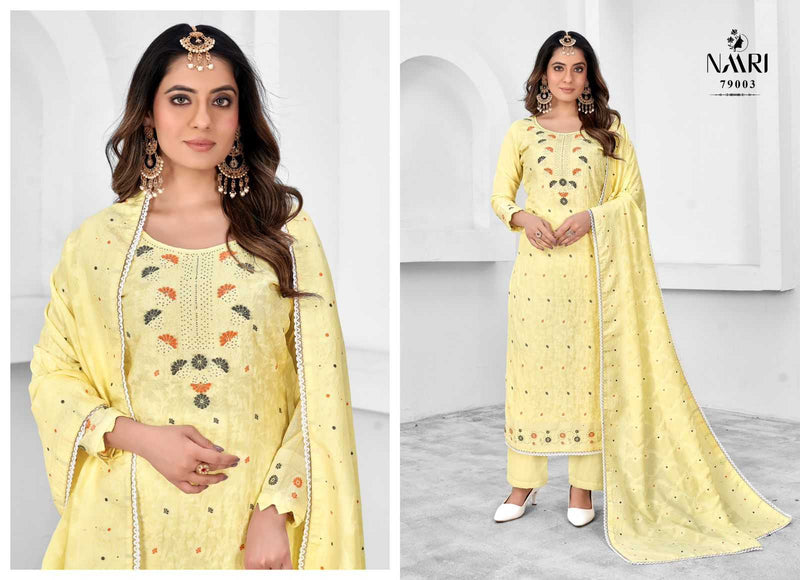 Naari Elvin Pure Muslin Dola Jacquard Siroski Work Fancy Salwar Suit