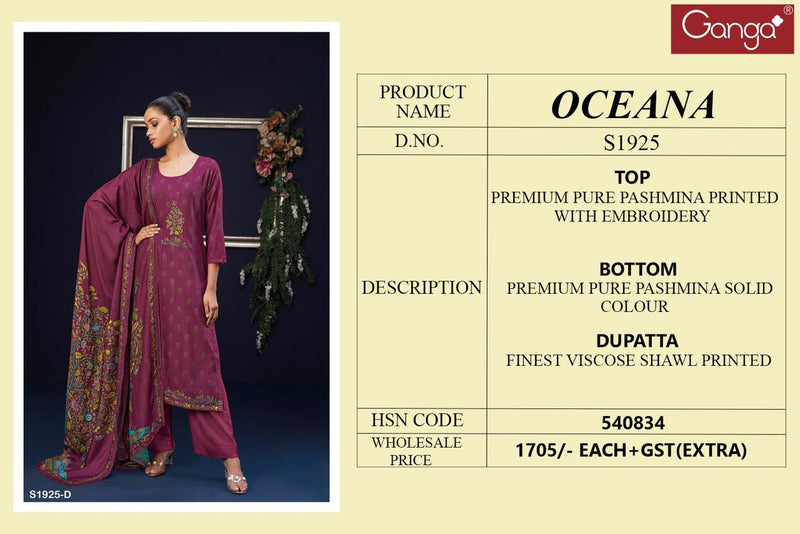 Ganga Oceana 1925 Pashmina Printed With Embroidery Work Suit Collection