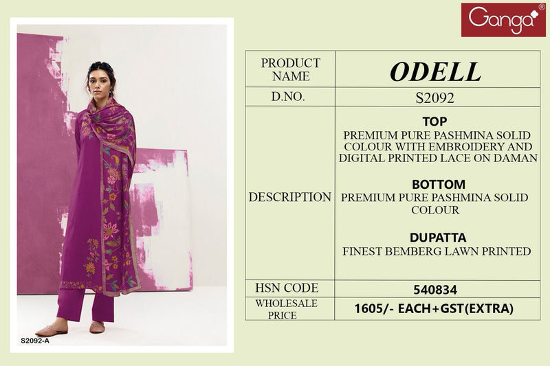 Ganga Odell 2092 Pashmina Solid With Embroidery Designer Suit Collection