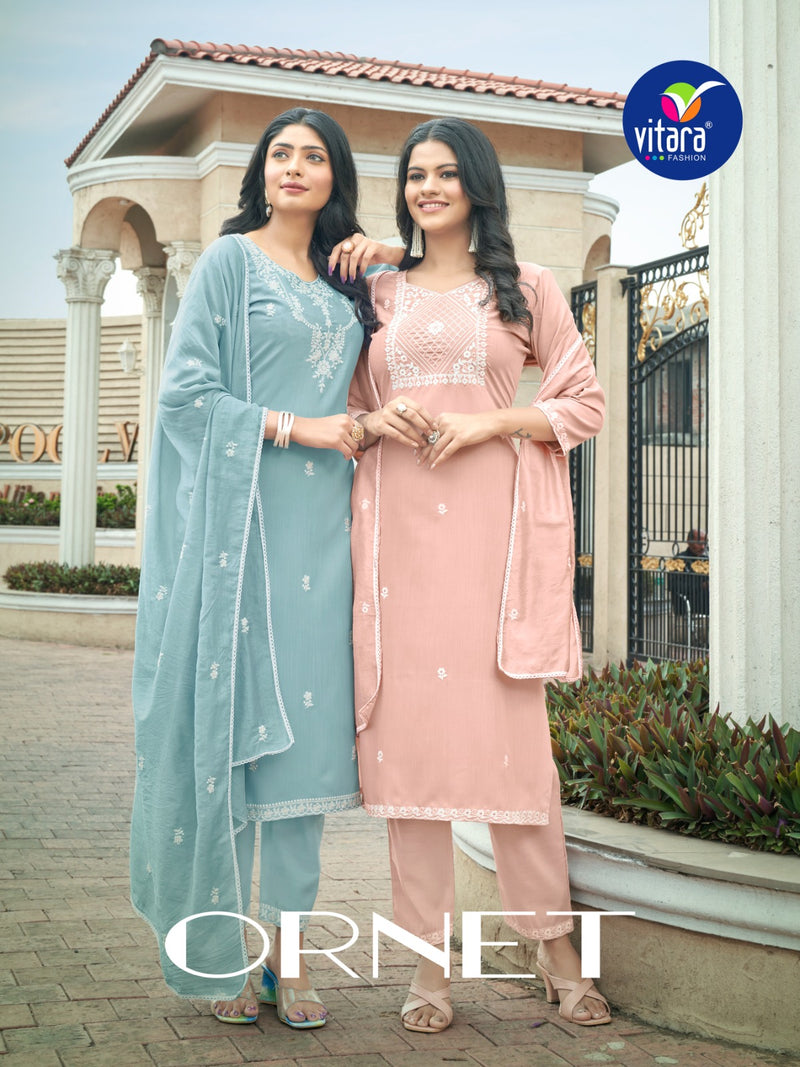 Vitara Fashion Ornet Cotton Fancy Wear Designer Kurti With Bottom