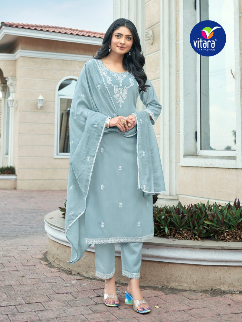 Vitara Fashion Ornet Cotton Fancy Wear Designer Kurti With Bottom