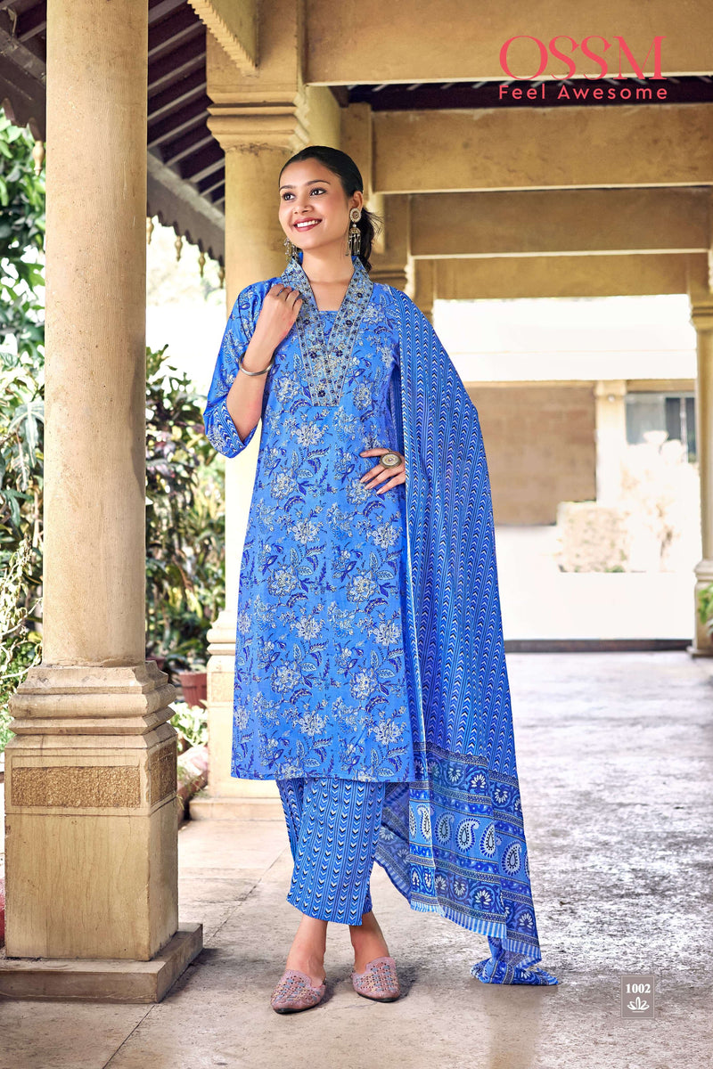 Ossm Malhar Vol 3 Cotton Printed Embroidery Work Party Wear Combo Set Of Kurti