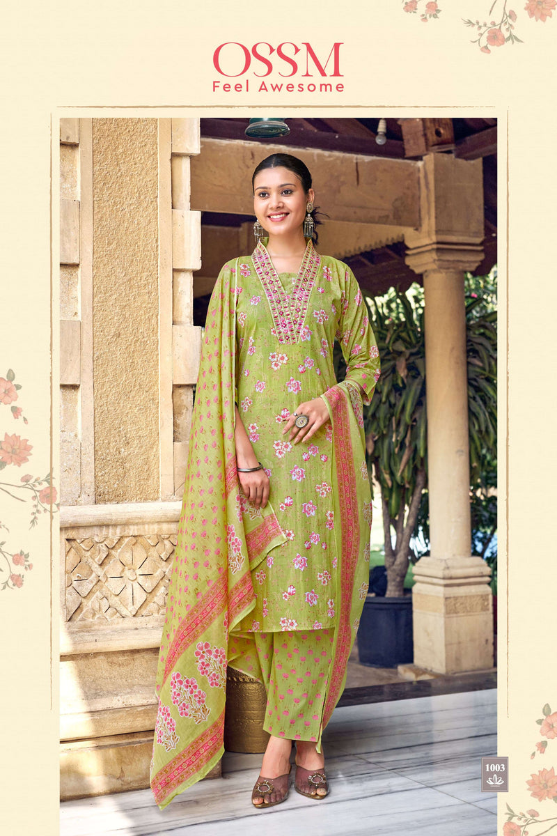 Ossm Malhar Vol 3 Cotton Printed Embroidery Work Party Wear Combo Set Of Kurti
