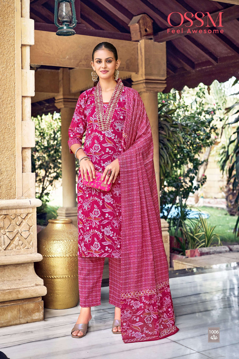 Ossm Malhar Vol 3 Cotton Printed Embroidery Work Party Wear Combo Set Of Kurti